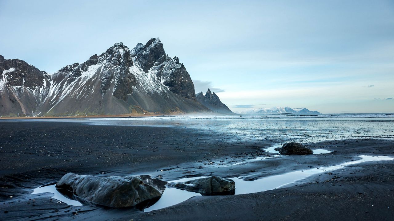 Wallpaper mountains, coast, stones, rocks, snowy