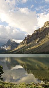 Preview wallpaper mountains, coast, tree, lake, canada, reflection, mirror