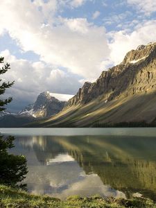 Preview wallpaper mountains, coast, tree, lake, canada, reflection, mirror