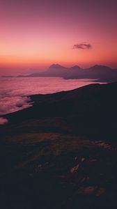 Preview wallpaper mountains, coast, waves, sunset, pink
