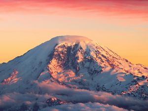 Preview wallpaper mountains, dawn, clouds, top, snow