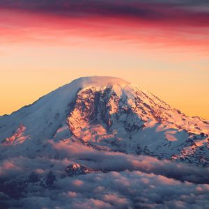 Preview wallpaper mountains, dawn, clouds, top, snow