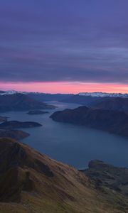 Preview wallpaper mountains, dawn, lake, aerial view, new zealand