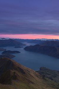 Preview wallpaper mountains, dawn, lake, aerial view, new zealand