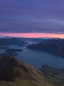 Preview wallpaper mountains, dawn, lake, aerial view, new zealand