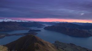 Preview wallpaper mountains, dawn, lake, aerial view, new zealand