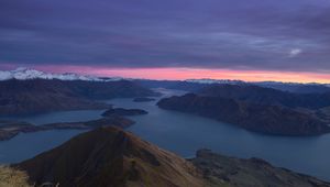 Preview wallpaper mountains, dawn, lake, aerial view, new zealand