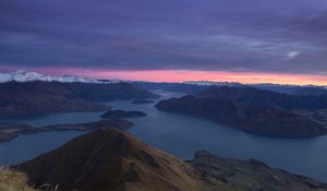 Preview wallpaper mountains, dawn, lake, aerial view, new zealand