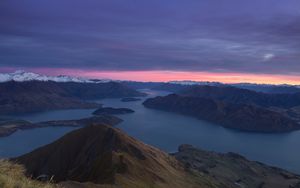 Preview wallpaper mountains, dawn, lake, aerial view, new zealand