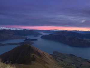 Preview wallpaper mountains, dawn, lake, aerial view, new zealand