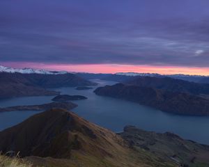 Preview wallpaper mountains, dawn, lake, aerial view, new zealand