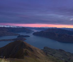 Preview wallpaper mountains, dawn, lake, aerial view, new zealand