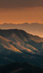 Preview wallpaper mountains, dusk, fog, landscape, evening