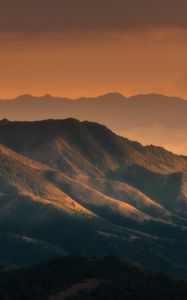 Preview wallpaper mountains, dusk, fog, landscape, evening