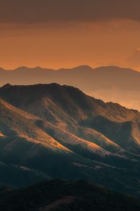 Preview wallpaper mountains, dusk, fog, landscape, evening