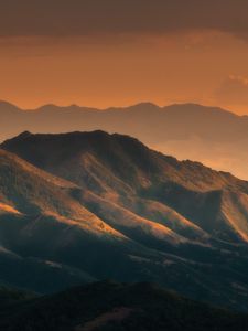 Preview wallpaper mountains, dusk, fog, landscape, evening