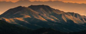 Preview wallpaper mountains, dusk, fog, landscape, evening
