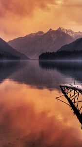 Preview wallpaper mountains, evening, lake, water, fog, tree, fragments