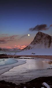 Preview wallpaper mountains, evening, moon, snow, stones, ocean