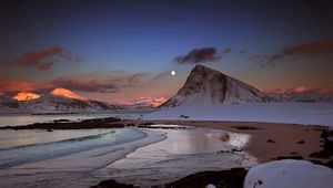 Preview wallpaper mountains, evening, moon, snow, stones, ocean