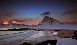 Preview wallpaper mountains, evening, moon, snow, stones, ocean