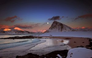 Preview wallpaper mountains, evening, moon, snow, stones, ocean