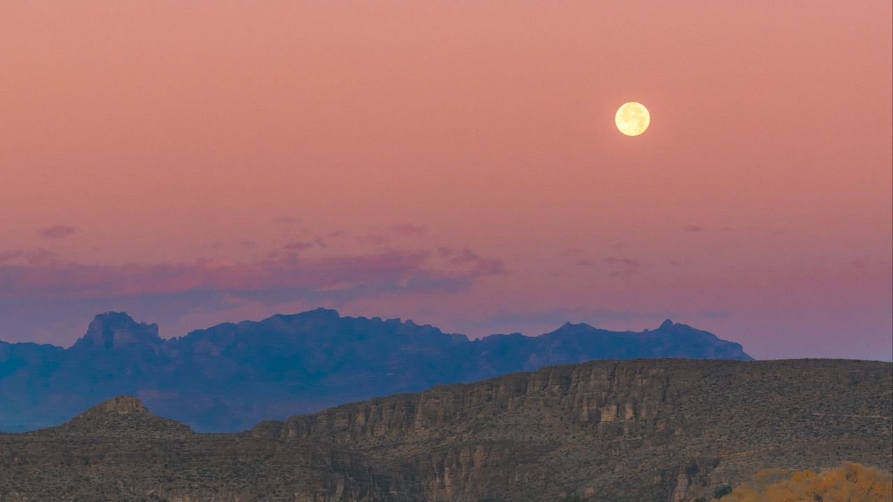 Wallpaper mountains, field, moon, dusk, landscape