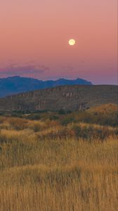 Preview wallpaper mountains, field, moon, dusk, landscape