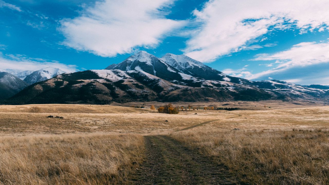 Wallpaper mountains, field, road, clouds, nature