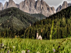 Preview wallpaper mountains, field, structure, grass, italy