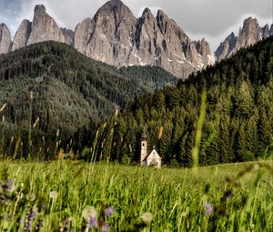 Preview wallpaper mountains, field, structure, grass, italy