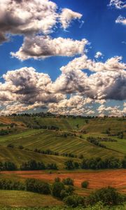 Preview wallpaper mountains, fields, clouds, shadows, agriculture