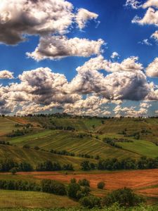 Preview wallpaper mountains, fields, clouds, shadows, agriculture