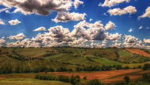 Preview wallpaper mountains, fields, clouds, shadows, agriculture