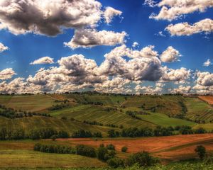 Preview wallpaper mountains, fields, clouds, shadows, agriculture