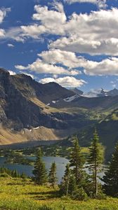 Preview wallpaper mountains, fir-trees, river