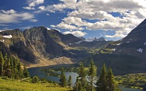 Preview wallpaper mountains, fir-trees, river