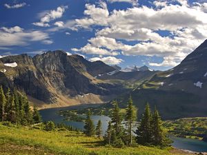 Preview wallpaper mountains, fir-trees, river