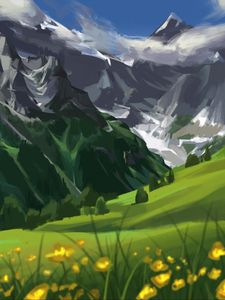 Preview wallpaper mountains, flowers, trees, landscape, art