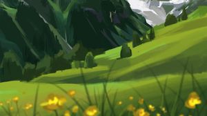 Preview wallpaper mountains, flowers, trees, landscape, art