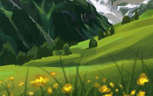 Preview wallpaper mountains, flowers, trees, landscape, art