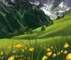 Preview wallpaper mountains, flowers, trees, landscape, art