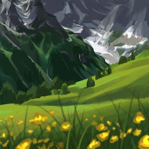 Preview wallpaper mountains, flowers, trees, landscape, art