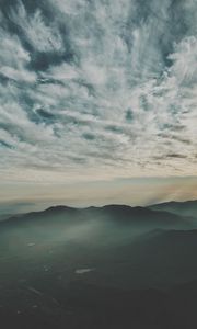 Preview wallpaper mountains, fog, aerial view, horizon, sky, clouds