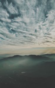 Preview wallpaper mountains, fog, aerial view, horizon, sky, clouds