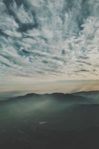 Preview wallpaper mountains, fog, aerial view, horizon, sky, clouds