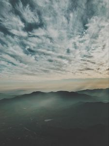 Preview wallpaper mountains, fog, aerial view, horizon, sky, clouds