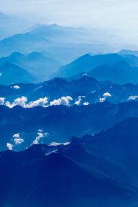 Preview wallpaper mountains, fog, aerial view, clouds, sky, blue