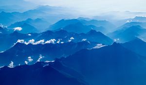 Preview wallpaper mountains, fog, aerial view, clouds, sky, blue