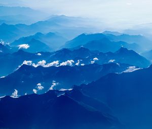 Preview wallpaper mountains, fog, aerial view, clouds, sky, blue